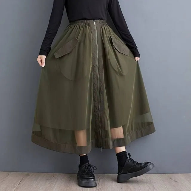 Elastic Waist Plain Large Pocket Zip Panel Mesh Midi A-Line Skirt