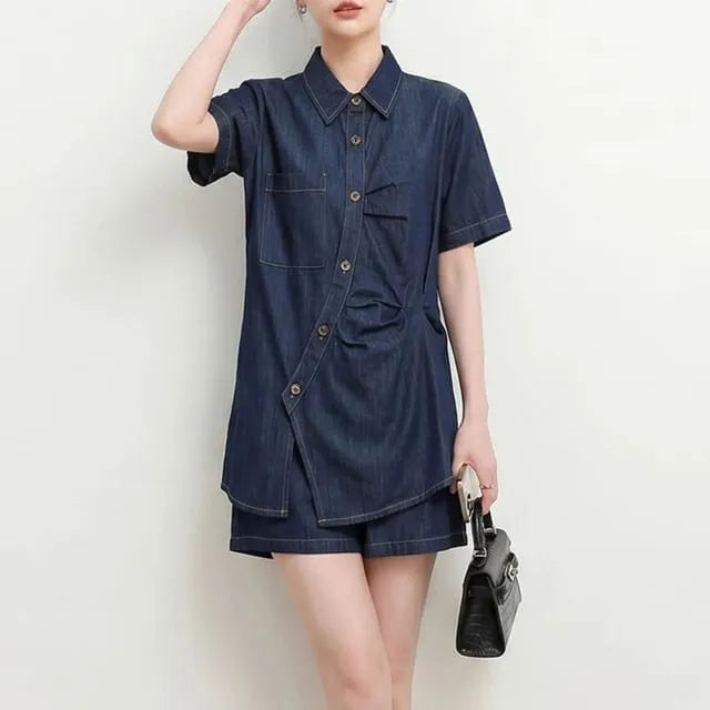 Set: Short-Sleeve Collared Asymmetrical Contrast Stitched Ruched Button-Up Blouse + High Waist Wide Leg Shorts