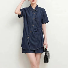 Set: Short-Sleeve Collared Asymmetrical Contrast Stitched Ruched Button-Up Blouse + High Waist Wide Leg Shorts