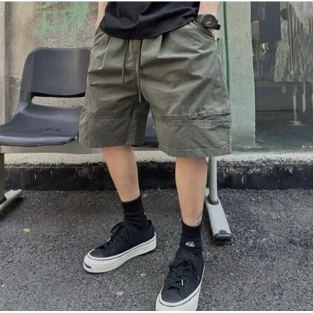 Drawstring Waist Plain Wide Leg Cargo Shorts