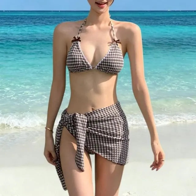 Set: Halter Plaid Bow Bikini Top + Tie Side Bottom + Cover Up Skirt
