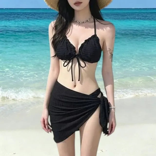 Set: Halter Plain Ruffle Bikini Top + Tie Side Bottom + Cover Up Skirt
