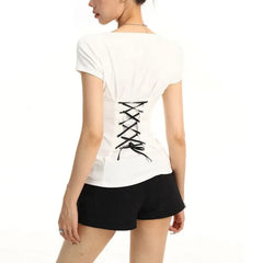 Short Sleeve Scoop Neck Plain Lace Up Back T-Shirt