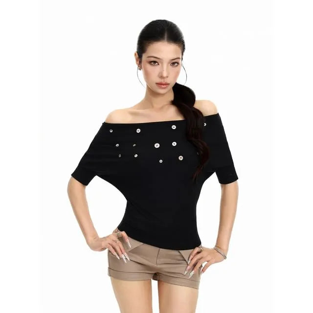 Elbow Sleeve Off Shoulder Plain Button Embellished Top