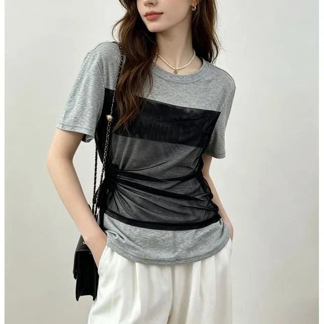 Short Sleeve Mock Two Piece Mesh Panel Side Drawstring Slim-Fit Top