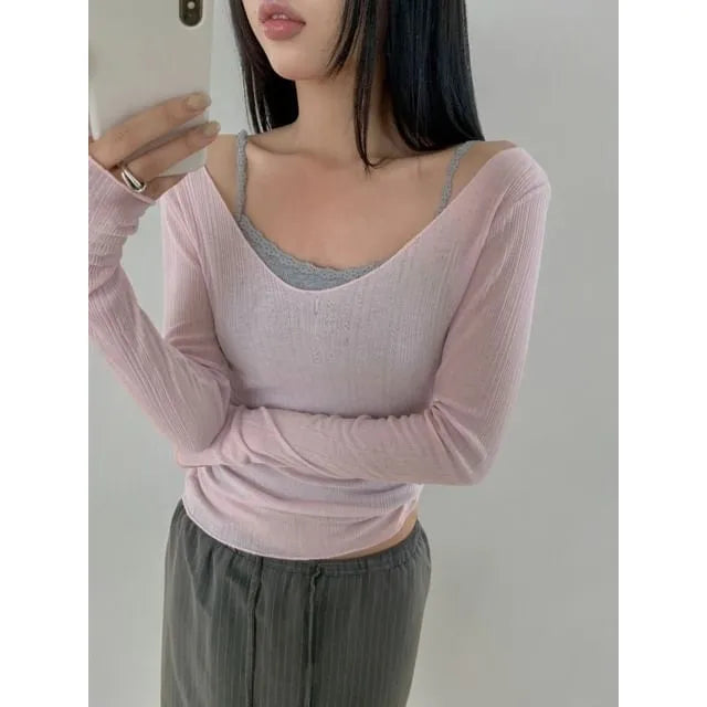 Long-Sleeve V-Neck Plain T-Shirt