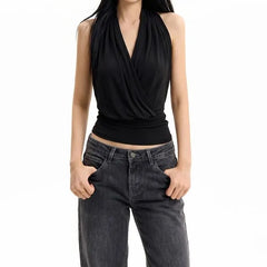 Sleeveless V-Neck Plain Crop Top