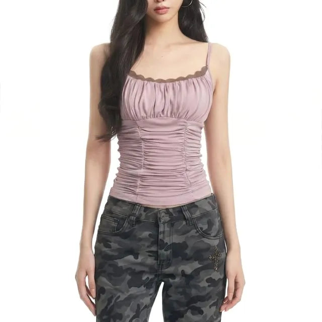 Frill Trim Cinched Plain Crop Camisole Top