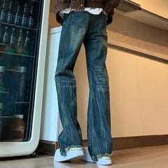 Mid Rise Washed Distressed Flared Jeans