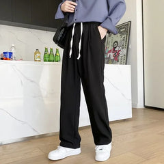 Drawstring Waist Plain Straight Leg Pants