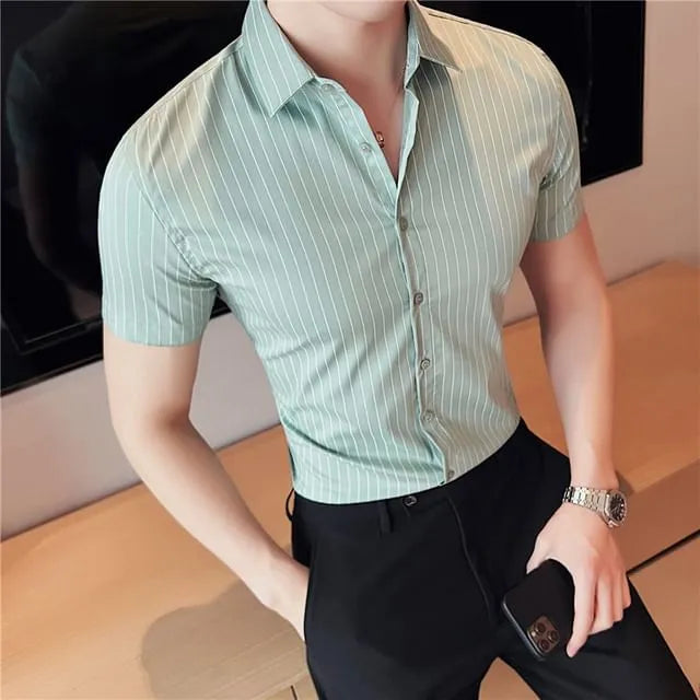 Short-Sleeve Pinstripe Button-Up Shirt