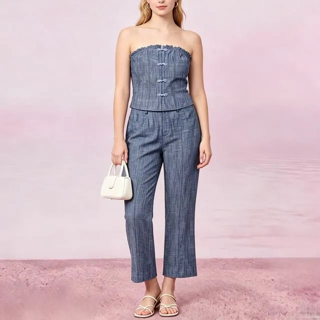 Knotted Buttons Plain Tubetop / Plain Cropped Flare Pants