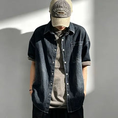 Short Sleeve Collared Washed Denim Shirt
