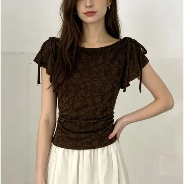 Cap Sleeve Boat Neck Plain Lace Slim-Fit Top