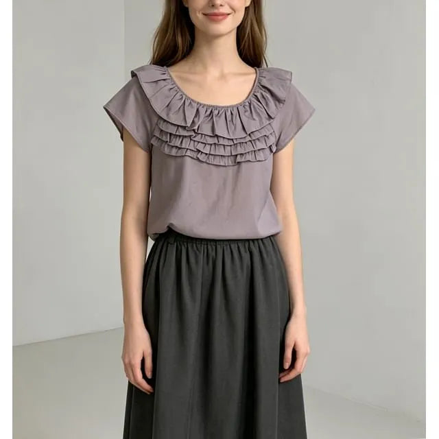 Short Sleeve Ruffled-Trim Plain Loose-Fit Blouse