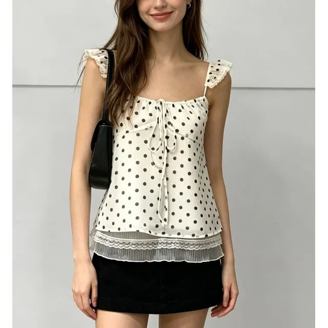 Scoop Neck Tie-Front Polka Dot A-Line Camisole Top