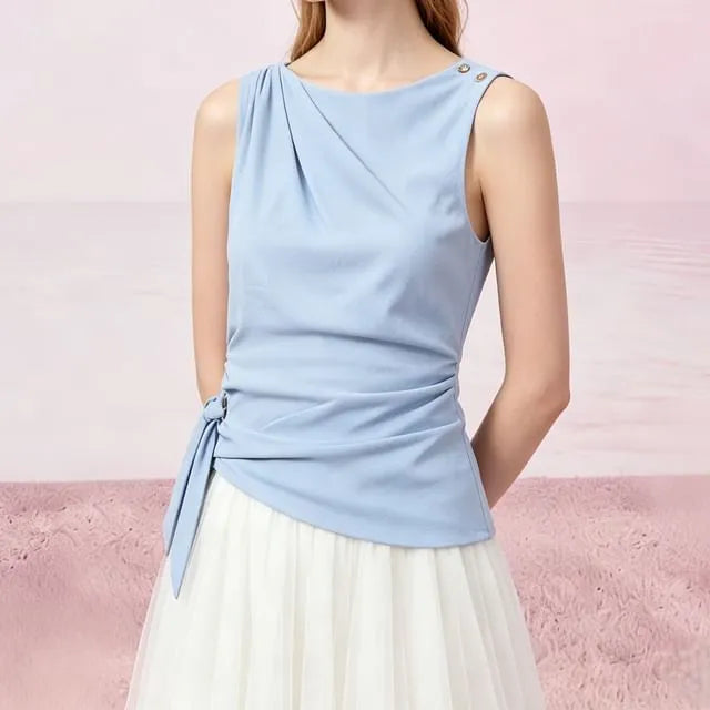 Sleeveless Plain Ruched Asymmetrical Blouse