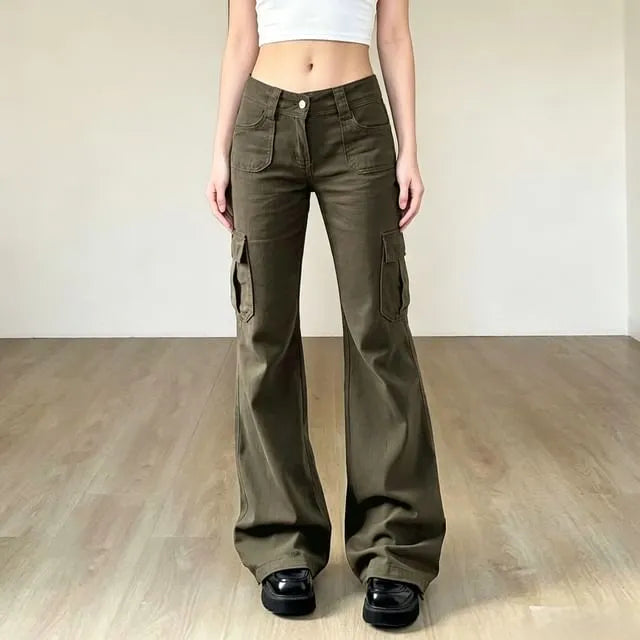 Low Waist Plain Pocket Slim-Fit Boot-Cut Cargo Pants