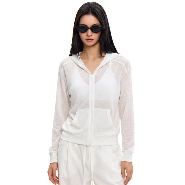 Plain Zip-Up Sheer Crop Hoodie