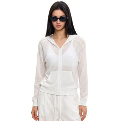 Plain Zip-Up Sheer Crop Hoodie
