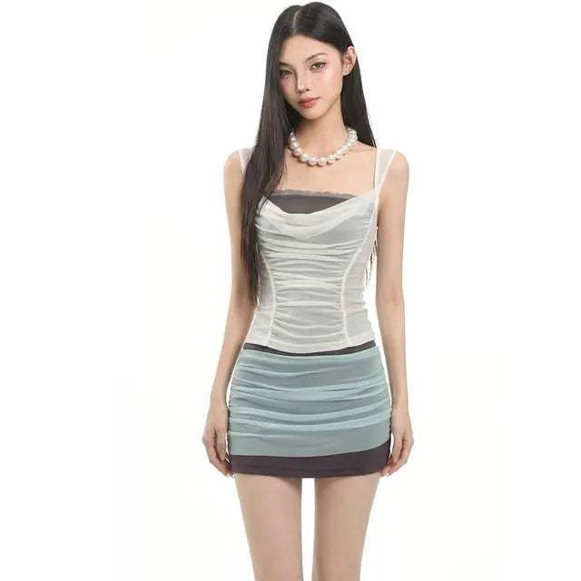 Mock Two-Piece Cowl Neck Two Tone Lace Trim Ruched Mesh Crop Tank Top