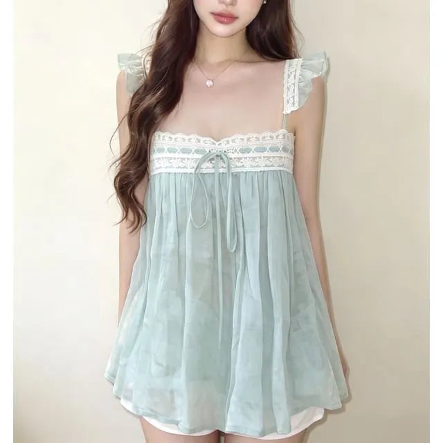 Lace Panel Tie-Front Sheer Camisole Top