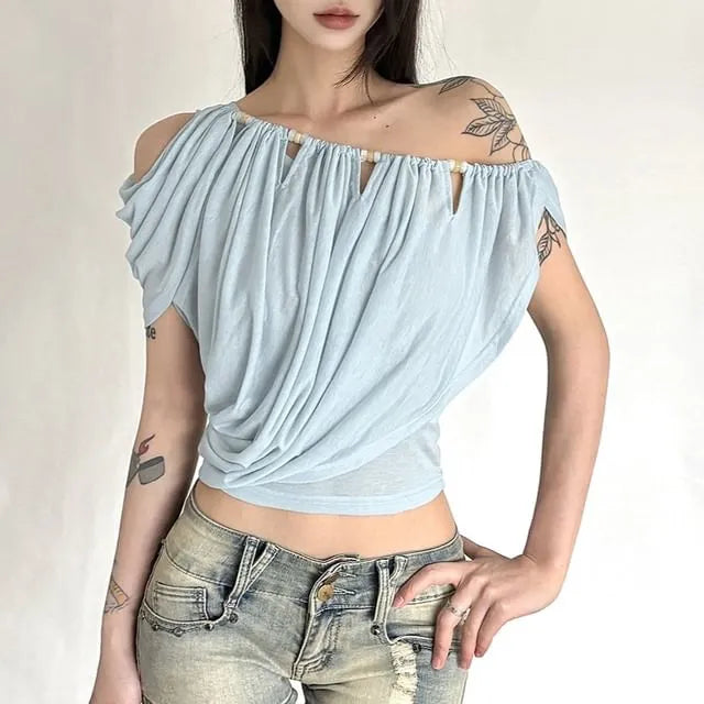 Short-Sleeve Off Shoulder Plain Ruched Crop Top