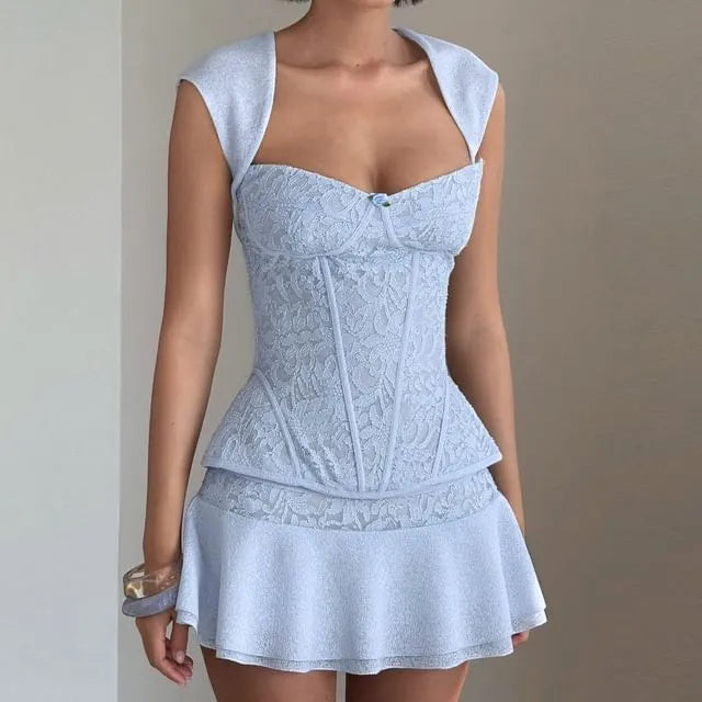 Set: Cap-Sleeve Sweetheart-Neckline Fishbone Lace Top + Mid Rise Mini A-Line Skirt