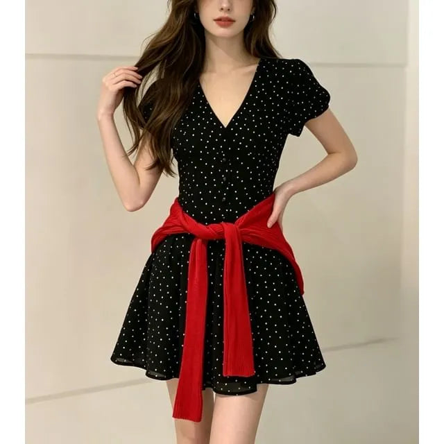Puff Sleeve V-Neck Polka Dot Slim-Fit Mini A-Line Dress