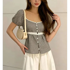 Short Sleeve Square Neck Lace Panel Slim-Fit Blouse