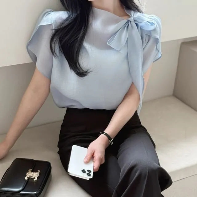 Short-Sleeve Bow Accent Asymmetrical Plain Blouse