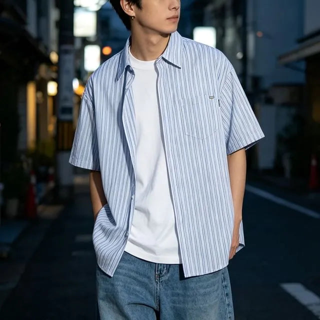 Oversized Striped Short-Sleeve Shirt with Pocket