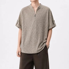 Short-Sleeve Plain Ribbed Half-Zip T-Shirt