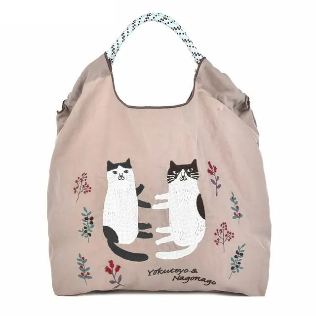Cat Water Repellent Embroidery Tote Bag M Size Brown