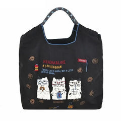 Cat Water Repellent Embroidery Tote Bag M Size Black