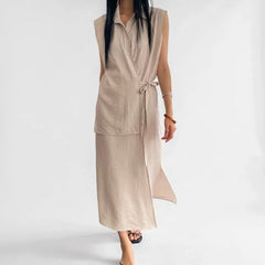 Sleeveless Henley Plain Asymmetrical Midi Shirt Dress