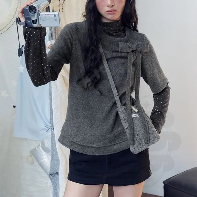 Mock Two-Piece High-Neck Top with Ribbon
