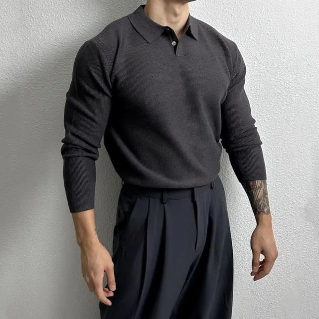 Long-Sleeve Plain Knit Polo Shirt