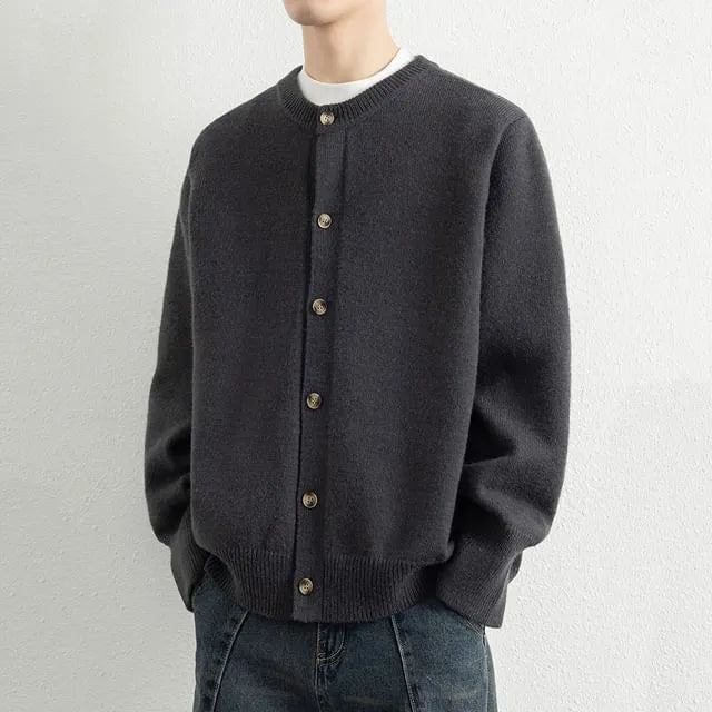 Crewneck Button-Up Plain Cardigan