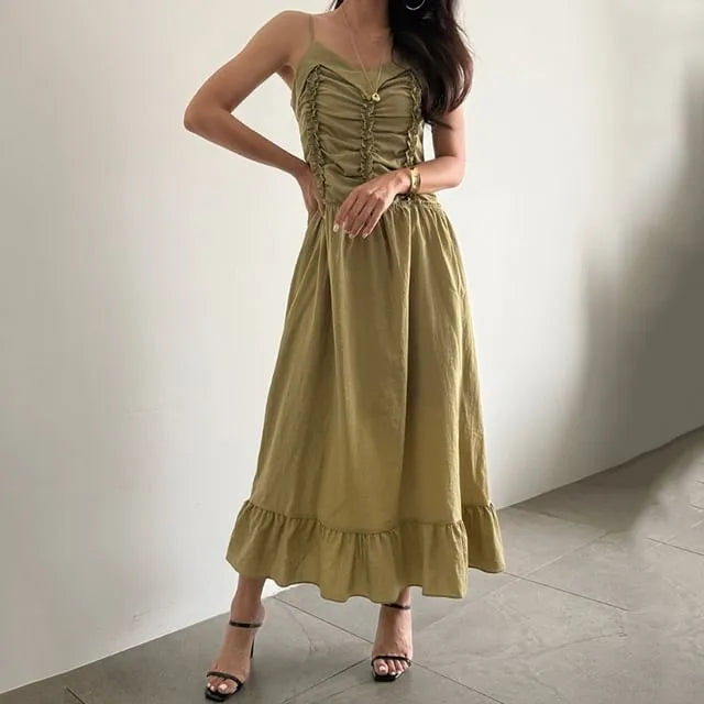 Spaghetti Strap V-Neck Ruched Plain Maxi A-Line Dress