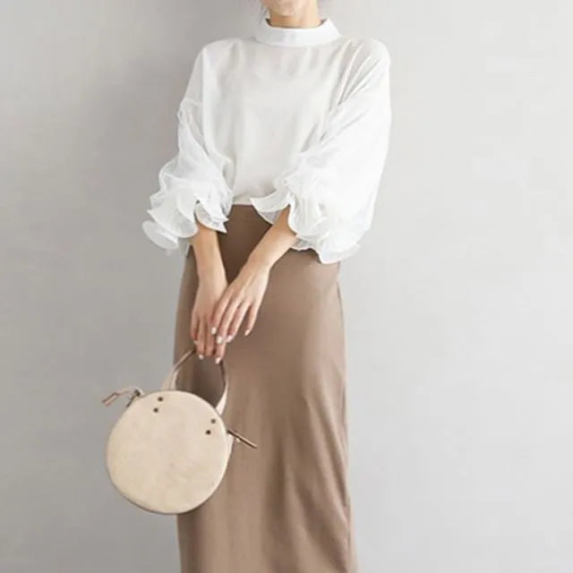 Ruffle Trim 3/4-Sleeve Mock Neck Plain Lace Panel Blouse
