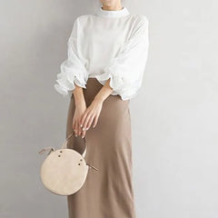 Ruffle Trim 3/4-Sleeve Mock Neck Plain Lace Panel Blouse