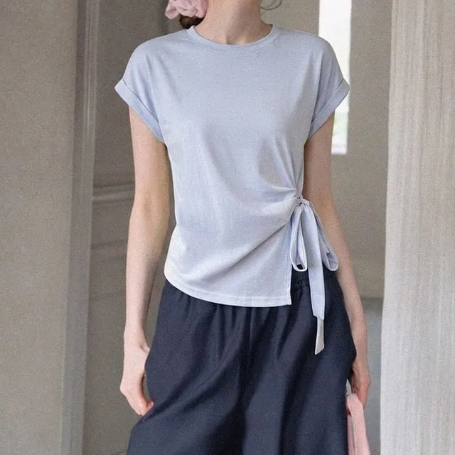 Short-Sleeve Crewneck Asymmetrical Plain Crop T-Shirt