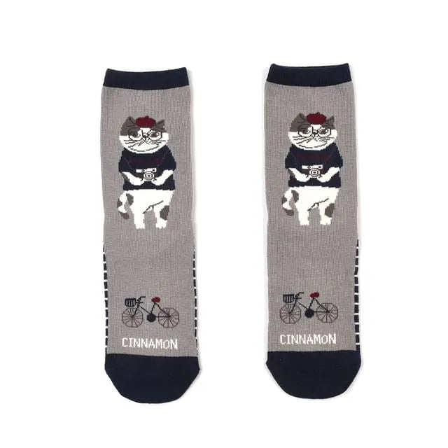 Cinnamon Cat Print Socks Gray