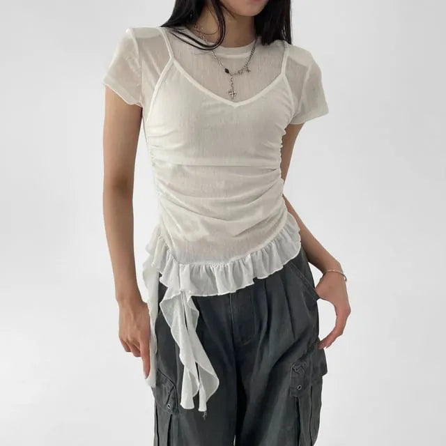 Short-Sleeve Scoop Neck Mock Two Piece Lace Trim T-Shirt