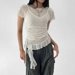 Short-Sleeve Scoop Neck Mock Two Piece Lace Trim T-Shirt