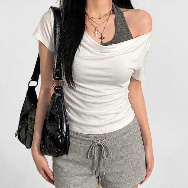 Short-Sleeve Cowl Neck Plain Ruched T-Shirt