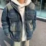 Stand Collar Washed Zip Denim Puffer Jacket