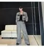 Set: Shawl Collar Melange Panel Faux Leather Open Front Jacket + Mid Rise Wide Leg Pants