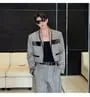 Set: Shawl Collar Melange Panel Faux Leather Open Front Jacket + Mid Rise Wide Leg Pants
